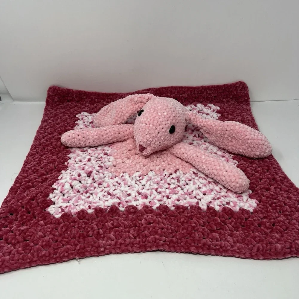 Handmade Crochet Bunny Lovey 20in Pink Security Blanket Plush Soft Toy